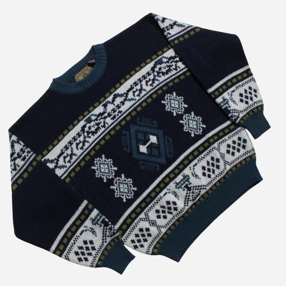 Mens Vintage 90s Acrylic Aztec Fair Isle Striped Pattern Grandpa Sweater
